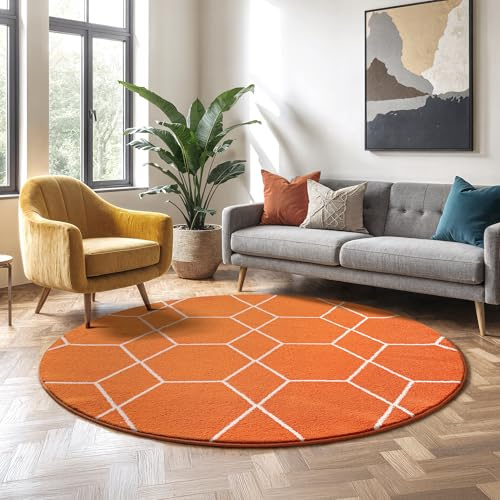 SANAT Wohnzimmerteppich – Pflegeleicht, für jeden Raum geeignet – Öko-Tex zertifizierter Flächenteppich – Trellis Muster, Orange, 200 cm Rund