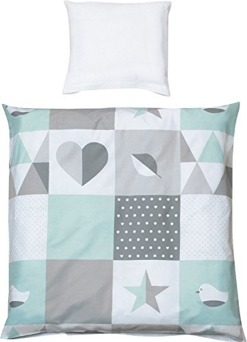 roba Kinderbettwäsche 100 x 135 cm - Happy Patch - Bettwäsche für Mädchen & Jungen - Set 2-teilig für Babybetten inkl. Decken & Kissenbezug aus Baumwolle - Mint / Grau