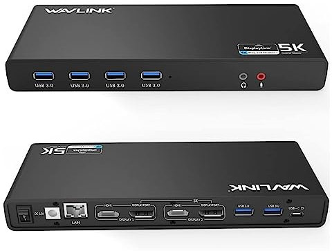 WAVLINK USB 3.0 Universal Laptop Docking Station,USB C to 5K/ Dual 4K @60Hz Video Outputs Dual Monitor for Windows and Mac,(2 HDMI & 2 DP, Gigabit Ethernet, 6 USB 3.0,Audio)