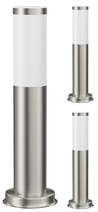 ledscom.de 3 Stück Pollerleuchte PORU für außen, Edelstahl, rund, 38,5cm, inkl. E27 Lampe max. 1020lm weiß 3-Stufen Dimmen ohne Dimmer