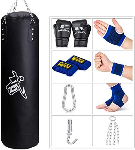 Sfeexun Boxsack Hängend Sandsack Boxen, 120cm Boxsack Kinder Boxsack Set Erwachsene Jugendliche Schwarz Box Sack Punching Bag mit Handschuhen, Kette, Deckenhaken für Muay Thai MMA UFC (Nicht Gefüllt)