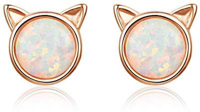 Cute Opal Cat Tiny Stud Earrings Hypoallergenic 925 Sterling Silver Rose Gold Plated Earrings for Women Girls Birthday Gifts