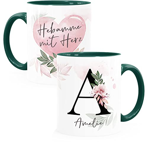 SpecialMe® Kaffee-Tasse mit Name und Spruch mit Herz Initiale Monogramm Dankeschön personalisierte Geschenke Hebamme inner-grün Keramik-Tasse