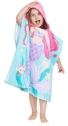 Gealaek 100% Cotton Hooded Towel for Toddlers 2-6 Years Boys Girls Kids Bath Pool Beach Towel Soft Absorbent Beach Poncho Little Mermaid