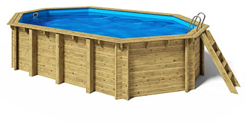 Paradies Pool® Holzpool Cariba Einzelbecken inkl. Zubehör, Edelstahlleiter Tiefbecken, Blaue Folie mit 0,8mm Stärke, Oval-Pool, 6,57 x 4,07 x 1,38, Menge: 1 Stück