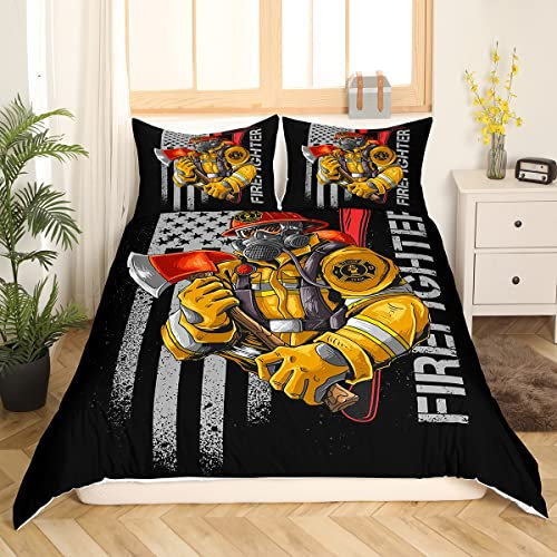 Firefighter Comforter Covet 155 x 220 cm,Bettbezug mit amerikanischem Flaggendruck 1 Kissenbezügen,gelb-rotes Feuerwehr-Polyester-Bettwäsche-Set für Jungen und Teenager,Schlafzimmerdekoration