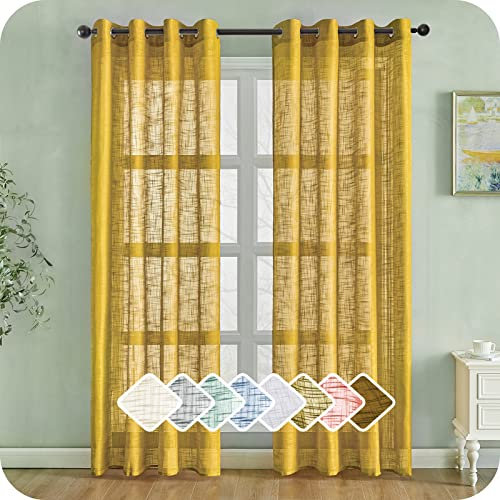 MRTREES 2 Pezzi Tende per Interni Voile in Lino per Cmera da Letto con Occhielli Tende Giallo Senape Semitrasparenti per Soggirono Moderne Tenda Trasparente Leggera per Finestra 140x245 CM