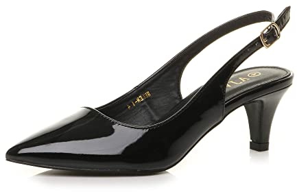 AJVANI Womens Ladies Low mid Heel 50s Slingback Buckle Pointed Court Shoes Size