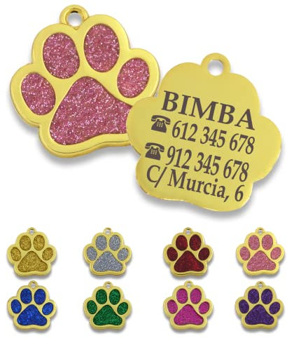 ibera gifts - Chapa Perro Grabada en Forma de Pata para Perros y Gatos Pequeños a Medianos, Placa Perro Personalizada, Metal Dorado con Purpurina, Tamaño 30 x 30 mm (Rosa)