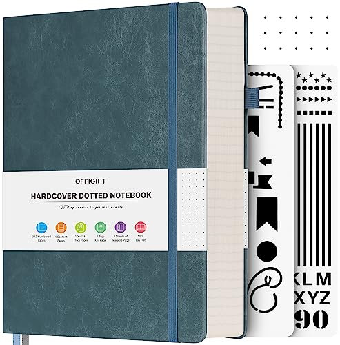 OFFIGIFT Notizbuch A5 Dotted, Hardcover Tagebuch mit 312 Nummerierten Seiten, 100g/m² Tintenfestes Papier Gepunktete Notizbücher mit Registerseiten, Tagebuch für Erwachsene, 14,5 x 21,5 cm, Graublau