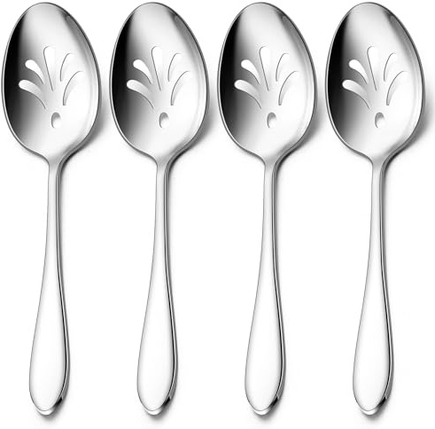 Stainless Steel Slotted Serving Spoons, E-far 4-Piece Metal Tablespoons Hostess Serving Utensils Set for Catering Buffet Party Kitchen Restaurant, Dishwasher Safe
