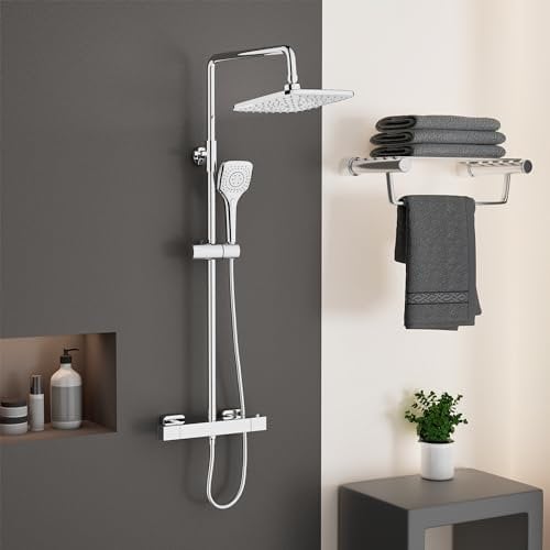 PURAGEIR Sistema de Columna de Ducha con Grifo Termostático, 75-115cm, Barra Ajustable