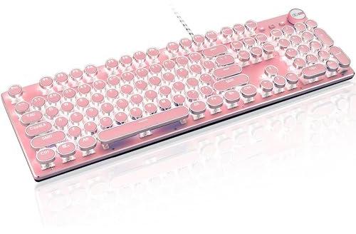 LexonElec Teclado mecánico para juegos estilo máquina de escribir, estilo retro, con cable, teclado rosa vintage punk para juegos con retroiluminación blanca, interruptor azul de 104 teclas, teclas