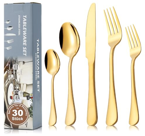 CALIYO Besteck Set für 6 Personen,30 teilig Bestecks Set inkl. Messer, Gabel, Löffel, Besteck Edelstahl Spiegelpoliert, Spülmaschinenfest Gold