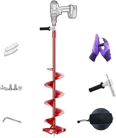 LONGRUN Ice Auger, 8 Inch Drill Auger Bit with Non-Slip Handle and Replaceable Blade Kit, Suitable for Ice Fishing, Digging Holes - Red