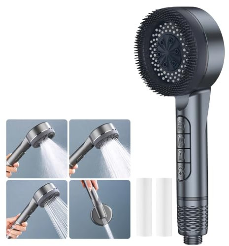 Soffione Doccia, Soffione Doccia Alta Pressione Con 4 Funzioni Di Getto, Soffione Doccia Anticalcare e Risparmio Idrico con Filtro per Rimuovere Cloro Residuo (Grigio)
