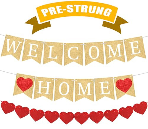Welcome Home Banner, Gold Glitter Welcome Home Banner Welcoming Homes Decorations Sign Family Gathering Photo Booth Props for Housewarming Family Celebrations