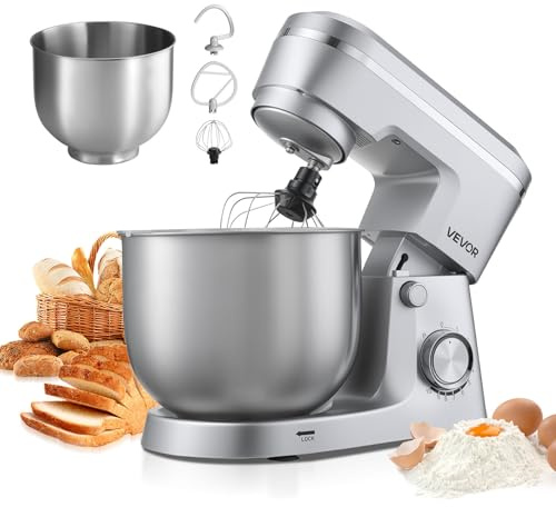VEVOR Robot Pâtissier 4,2 L et 5,7 L, Batteur sur Socle 1500 W, Mixeur à Pâte 10 Vitesses, Tête Inclinable, Bol en Inox, avec Crochet Pétrisseur, Fouet et Batteur, pour Mélange Fouettage Pétrissage