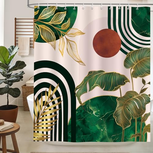 hometrixx Boho Duschvorhang Grün Gold Blätter Geometrisch Linien 180x200cm | Wasserdicht Polyester, Maschinenwaschbar, Badevorhänge mit 12 Ringe, Schimmelresistent Badezimmervorhang für Dusche Bad