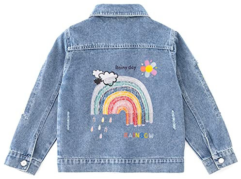 LSHEL Jeansjacke Mädchen Langarm Denim Jacket Kinder Schmetterlinge Übergangsjacke mit Pailletten, Regenbogen, 134-140(körpergröße: 124-128 cm)
