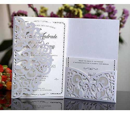 BLUGUL 10 Stück Hochzeit Einladungskarten, Hochzeitskarten, Hollow Floral Design, mit 2 Blanko-Karte, Weiß