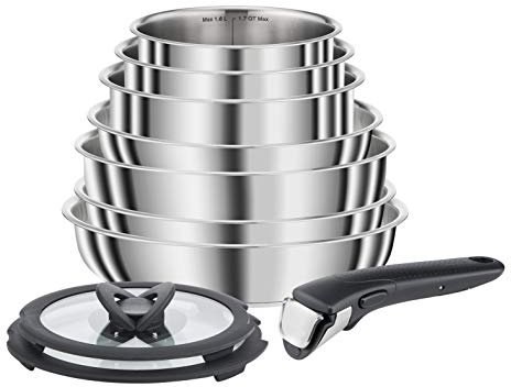 Seb Compact Inox Batterie de cuisine 10 pièces, Induction, Poêles 22/24/26 cm, Casseroles 16/18/20 cm, Sauteuse 24 cm, Couvercles 18/20 cm, 1 poignée L953SA04, Noir, argent, 35.4 x 35.29 x 26.8 cm