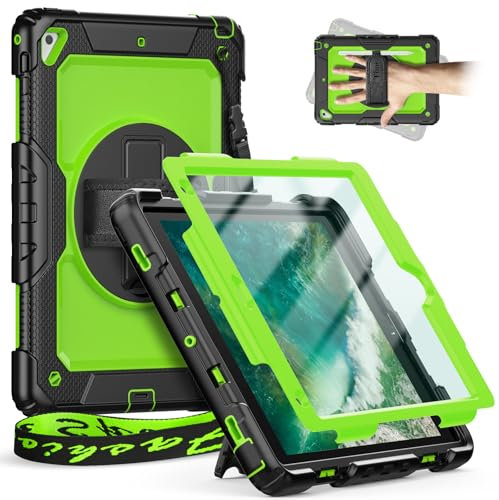 Timecity Hülle für iPad Air 2 iPad 6. / 5. Generation iPad Pro 9,7 2018/2017 Stoßfeste Schutzhülle mit Displayschutz 360°-drehbare-Ständer Stifthalter Handschlaufe Schulterrgurt - Gelbgrün