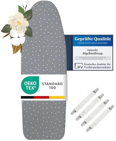 lamodo® - Housse de Planche à Repasser 115x35 cm - Housse de Repassage 100% Coton - Convient au Repassage Vapeur - Rembourrage Extra-épais + élastique et tendeur, 110-115 cm x 30-35 cm