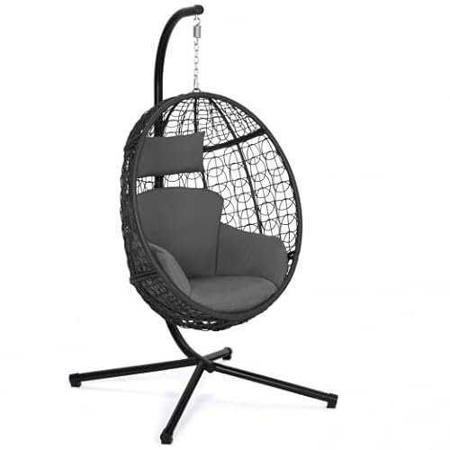 IDMarket – Sillón colgante calado efecto ratán gris con cojín gris