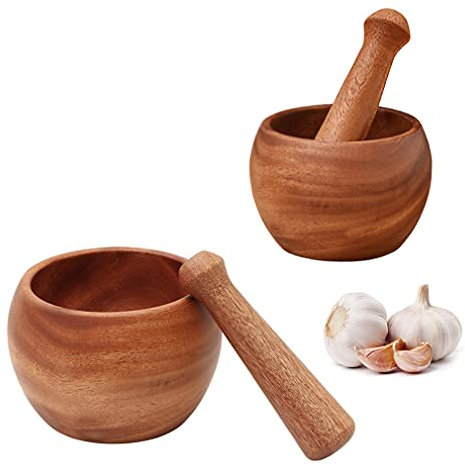 UPTALY Juego de 2 piezas de mortero y mortero de madera natural(tamaño grande 11,5 cm + pequeño 9,5 cm), resistente palisandro, machacador manual, triturador de especias de madera