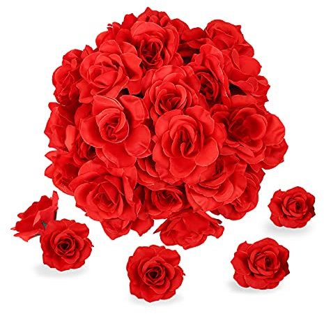 Kesote 50 pcs Künstliche Blumenköpfe Blütenköpfe Kunst Blumen Rosen Köpfe für Hochzeit Party Deko DIY (Ø 6cm, Rot)
