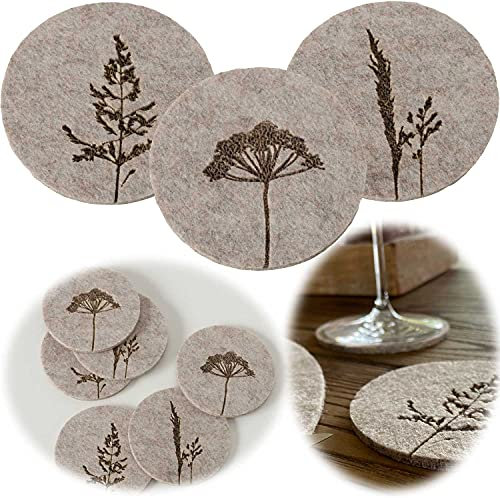 LS-LebenStil 6X Filzuntersetzer Gräser Grau Rund 10cm Gläser Getränke Glasuntersetzer Bar-Deko