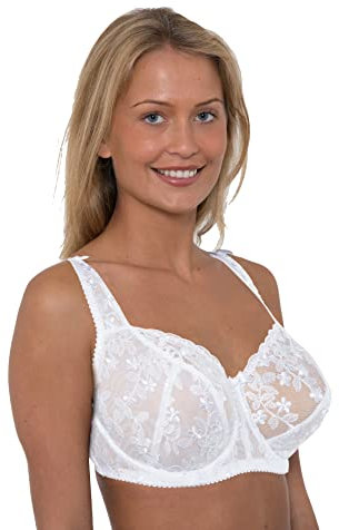 Gemm Ladies Embroidered Large Bosom Lace Underwired Firm Bra Plus Size Cup (42 E, White)