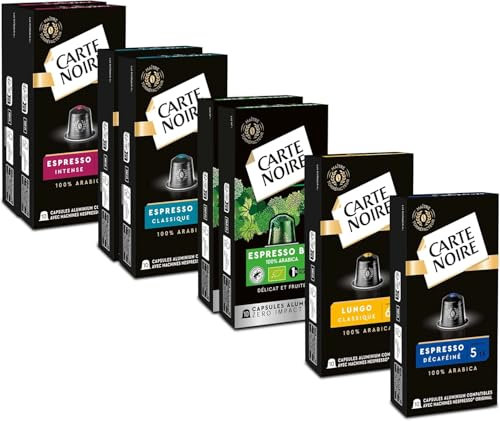 CARTE NOIRE - Assortiment Lot de 8 x 10 Capsules Aluminium Café Arabica Compatibles Nespresso® - N°6 Lungo, N°7 Classique, N°9 Intense, Bio, N°5 Décaféiné - Fabriqué en France