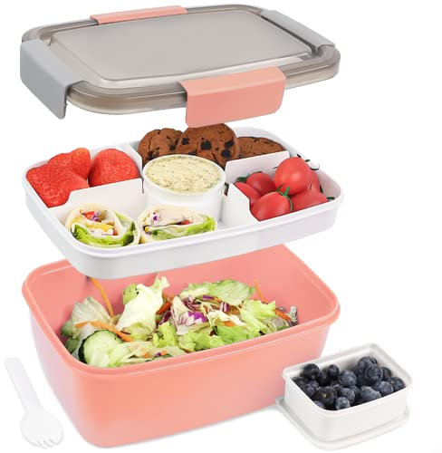 Bugucat Lunchbox Erwachsene 2000ML,Auslaufsichere Brotdose Erwachsene Bento Box mit Fächern für Kinder,Salatbehälter Salatbox to Go mit Gabel,Brotdose Frühstücksbox für Schule Picknick Büro,Rosa
