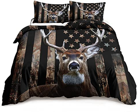 HOSIMA Hirschjagd-Bettwäsche-Sets, Hirsch und amerikanische Flagge, Bettbezug für Jäger, Schlafzimmer, Dekoration mit 2 Kissenbezügen, Camouflage-Bettwäsche-Sets für Erwachsene, Teenager, Jungen.