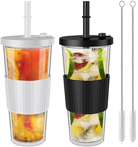 2Pack Cup 700ml Reusable Wide Mouth Bubble Tea Cups with Lid, Silicone Sleeve & Straws, Leakproof Plastic Drinking Water Bottle Travel Smoothie Tumbler for Cold Iced Coffee Juice