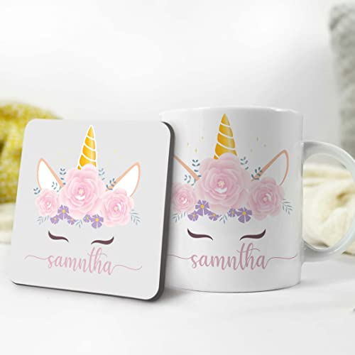 Personalised Name Mug and Coaster Gift Set Unicorn Head Tea Gift(Mug and Coaster Set)