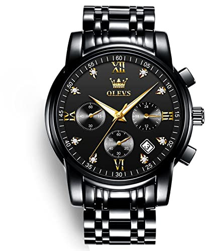 OLEVS Herren Chronograph Armbanduhr, Gold Silber Edelstahl Band Analog Quarz Armbanduhr für Herren, A5-schwarzes Zifferblatt/schwarzes Band, Rund