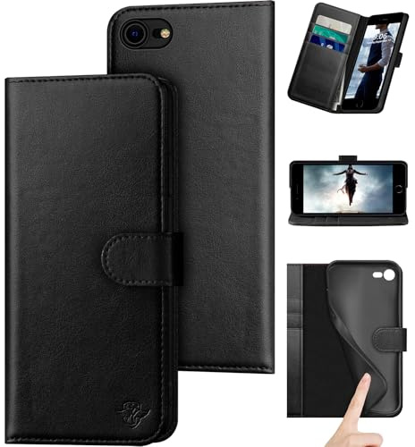 DuckSky Schutzhülle für iPhone 7/8/SE 2020/SE 2022, echtes Leder, Brieftaschenformat, RFID-Blockierung, 3 Kreditkartenfächer, echtes Leder, Klappetui, Schutzhülle für Damen und Herren, Schwarz