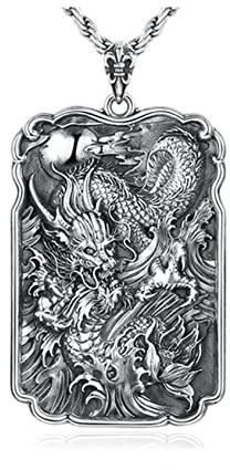 AMDXD Silber 925er Halskette, Drache Dog Tag Anhänger Männer Kettenanhänger für Herren, Gothic Halskette, Silber Schwarz, Echtschmuck