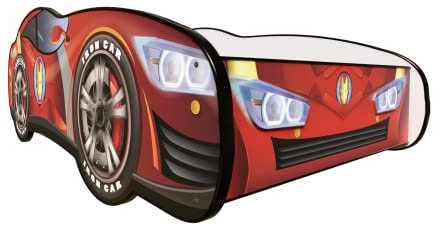 Topbeds Kinderbett Auto 140 x 70 cm Racing Car Hero - Iron Car LED - Autobett, Kinder Bett - Holzbett Baby Kinder - Kinderbett Junge - Bett für Kleinkinder