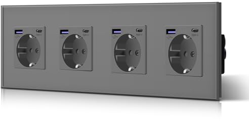 BSEED Steckdose aus Glas mit 20W USB C, Schnellladegerät Wandsteckdose, 3 in 1 Unterputz Steckdosen, Einfache Installation, 240V 16A, 299mm 4 Fach Grau