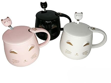 lachineuse - Lot de 3 Tasses Chat Kawaii 450ml - Mug Chat avec Couvercle & Cuillère - Coloris Noir, Blanc & Rose en Céramique - Mug à Infusion, Thé, Café - Tasse Originale Idée Cadeau Japon Asie