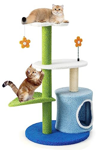 COSTWAY Árbol para Gatos, Torre para Gatos en Forma de Flor con Rascador Cubierto de Sisal, Percha de Felpa en Forma de Hoja, Centro de Actividades para Gatos de Interior, Plataforma Cómoda