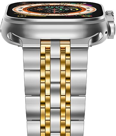 NewWays Kompatibel mit Apple Watch Armband 49mm 46mm 45mm 44mm 42mm(Serie 3 2 1),Metallband Edelstahl Ersatzband für iWatch Ultra 2/Ultra Serie 10 9 8 7 6 5 4 3 2 1 SE,Silber/Gold