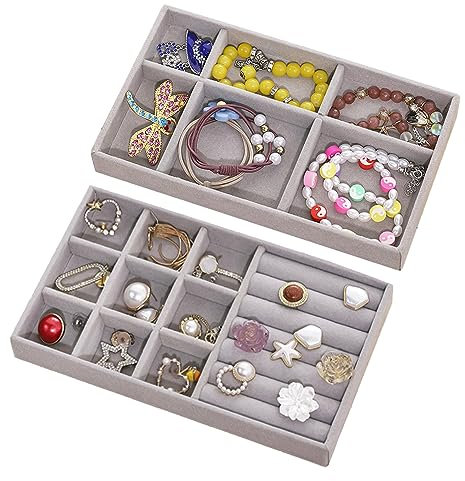 iTGOOS 2 PCS Jewellery Drawer Organiser Tray Set, Jewelry Inserts Dividers Storage for Drawer, Velvet Stackable Jewellery Display Compartments Holder Box for Necklace, Earring, Ring(Grey)