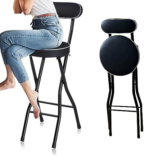 HEYBB Faltbarer Barhocker Rund Gepolsterter 70cm/75cm, Hochstuhl für Erwachsene mit Rückenlehne, Tragbarer Klappbar Küchenstuhl Bistrohocker Barstühle (Color : Black, Size : 70cm/28in)