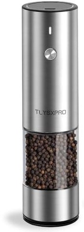 TLYSXPRO Electric Salt and Pepper Grinder, USB Rechargeable, Automatic Salt and Pepper Shaker, Adjustable Coarseness, Electric Pepper Mill, LED Light, Refillable (1-Pack, Stainless Steel)