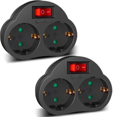 EXTRASTAR Adattatore 2 in 1 con interruttore e 2 prese Schuko, adattatore Regleta, fino a 3680 W, 16 A/250 V, nero, 2 pezzi